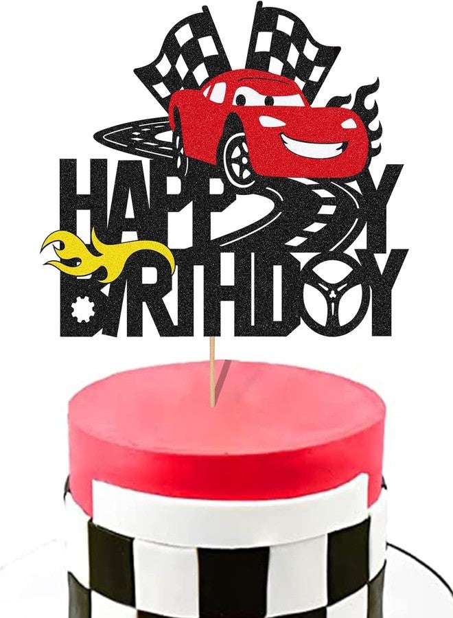 Confetti! Cars Cake Topper for Racing Car Theme Happy Birthday Party Supplies Checkered Flag Cake Decorations Glitter Cartoon Cake Decór for Kids Boys Girls Childrens - Image 1
